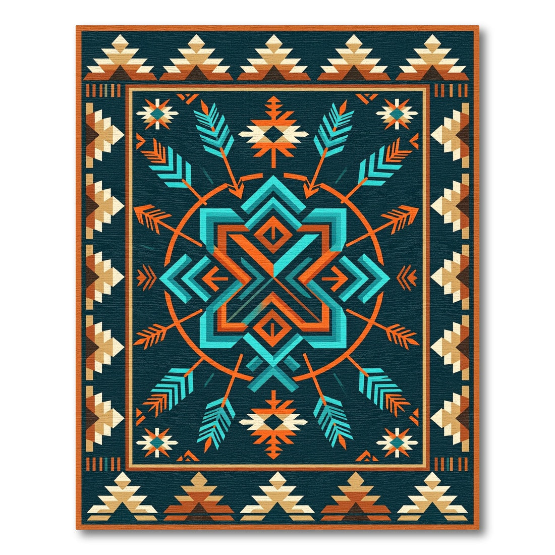 Turquoise Orange Geometric Feather Arrow Rug