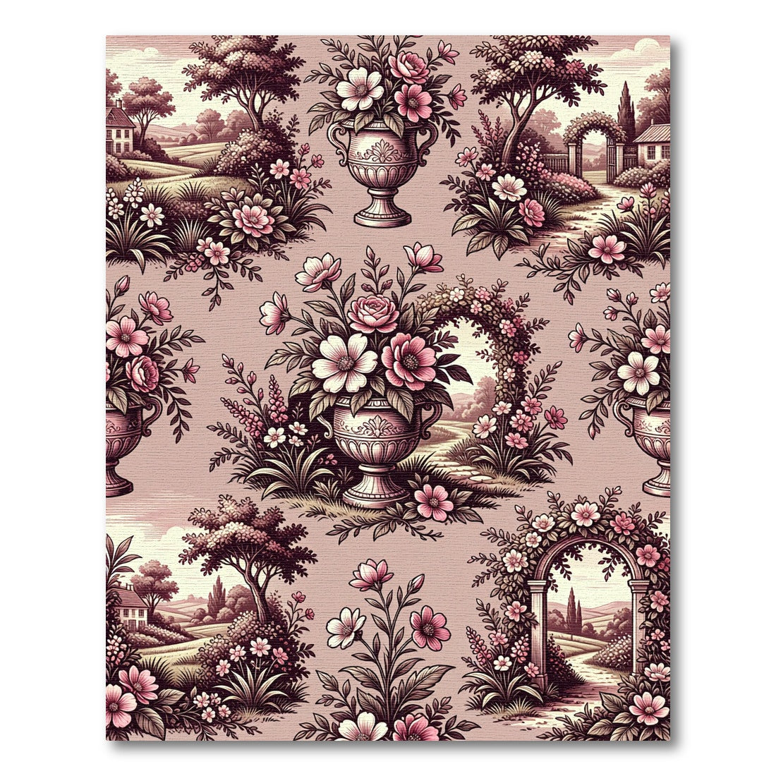 Vintage Dusty Rose Floral Urn Landscape Rug