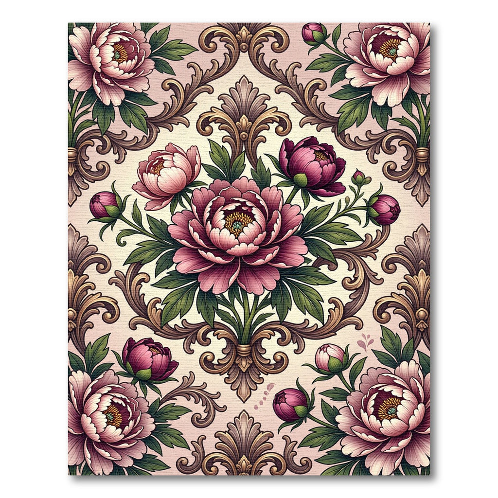 Elegant Pink Peony Damask Scroll Art Rug