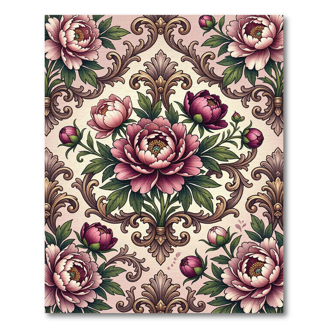 Elegant Pink Peony Damask Scroll Art Rug