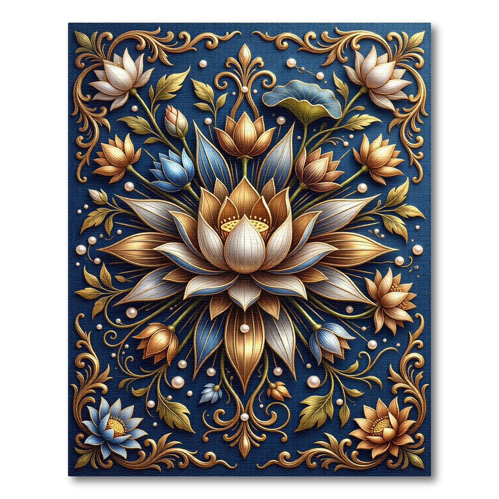 Golden Lotus Floral Navy Luxury Rug