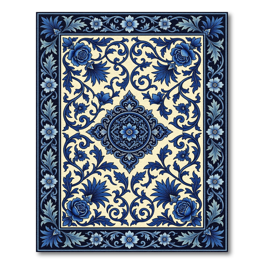 Classic Blue Floral Scroll Medallion Rug