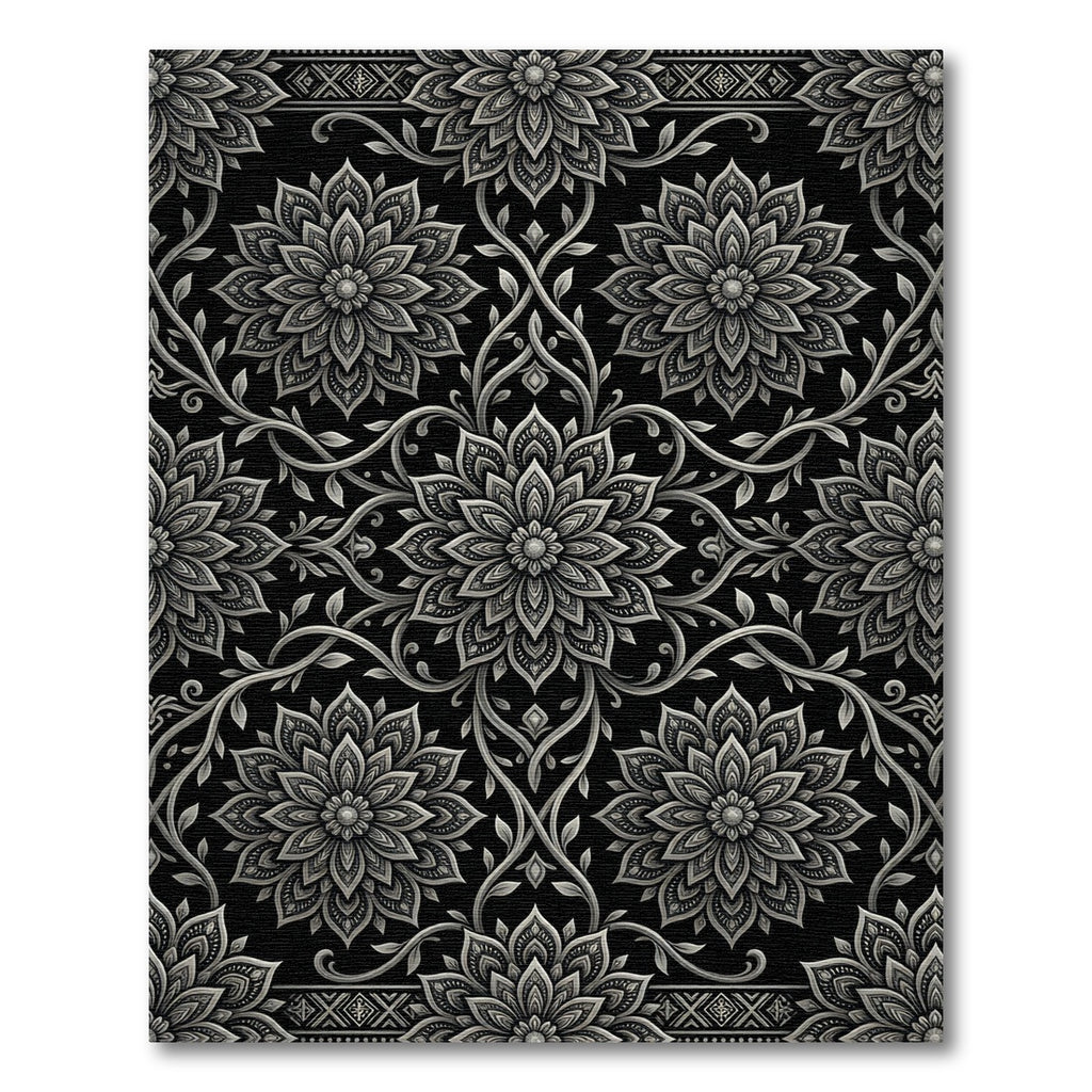 Monochromatic Floral Scrollwork Mandala Rug