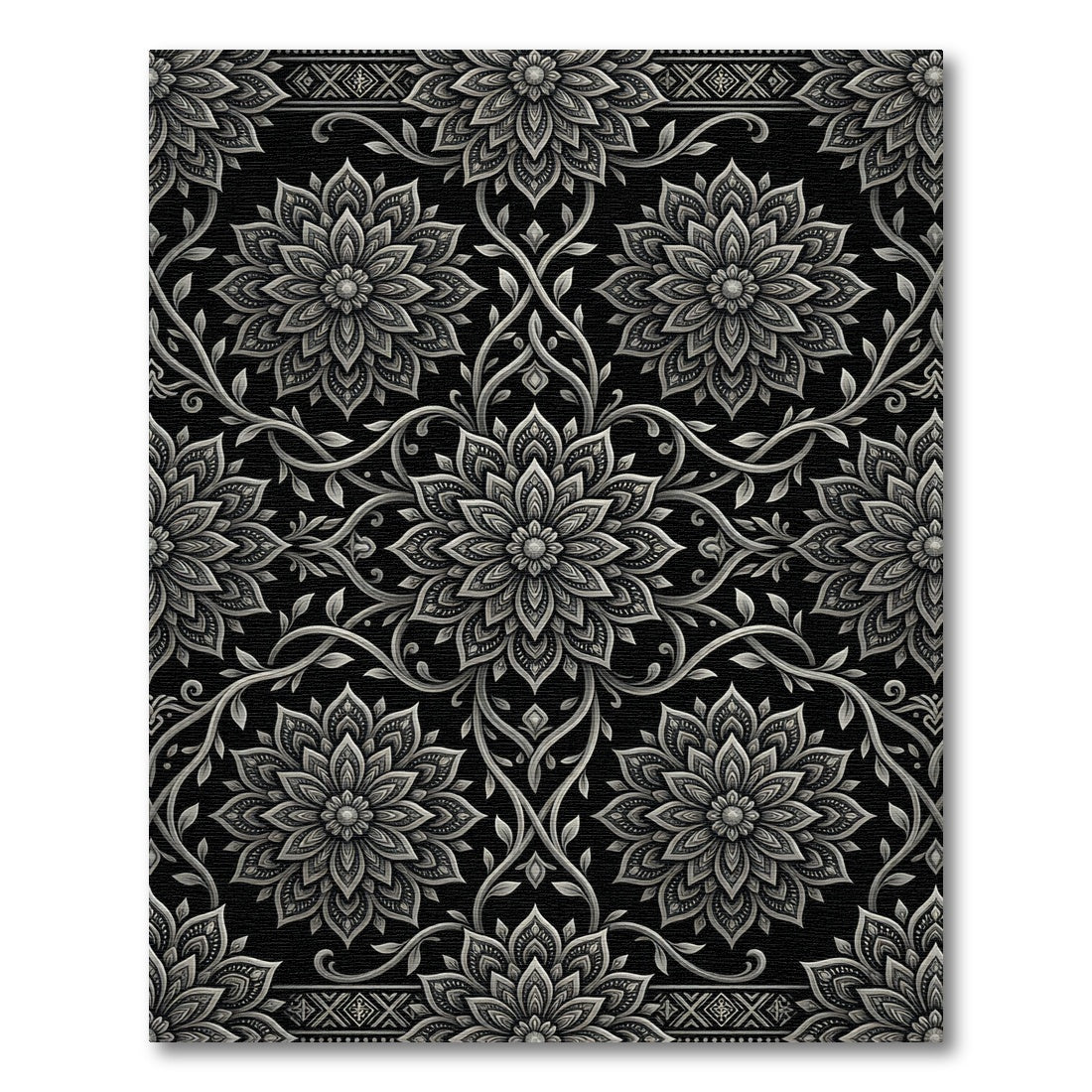Monochromatic Floral Scrollwork Mandala Rug