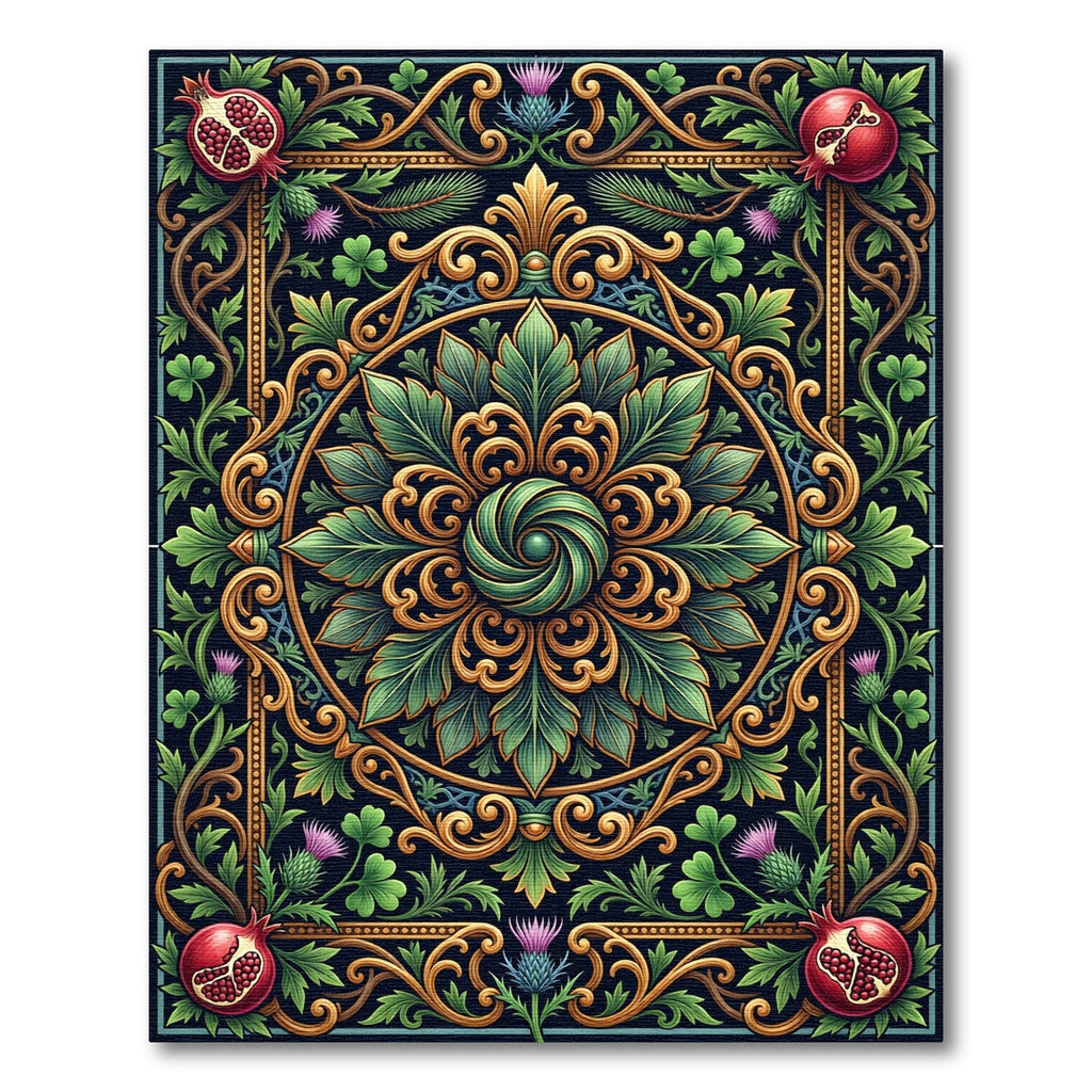 Gilded Green Floral Pomegranate Jewel Rug