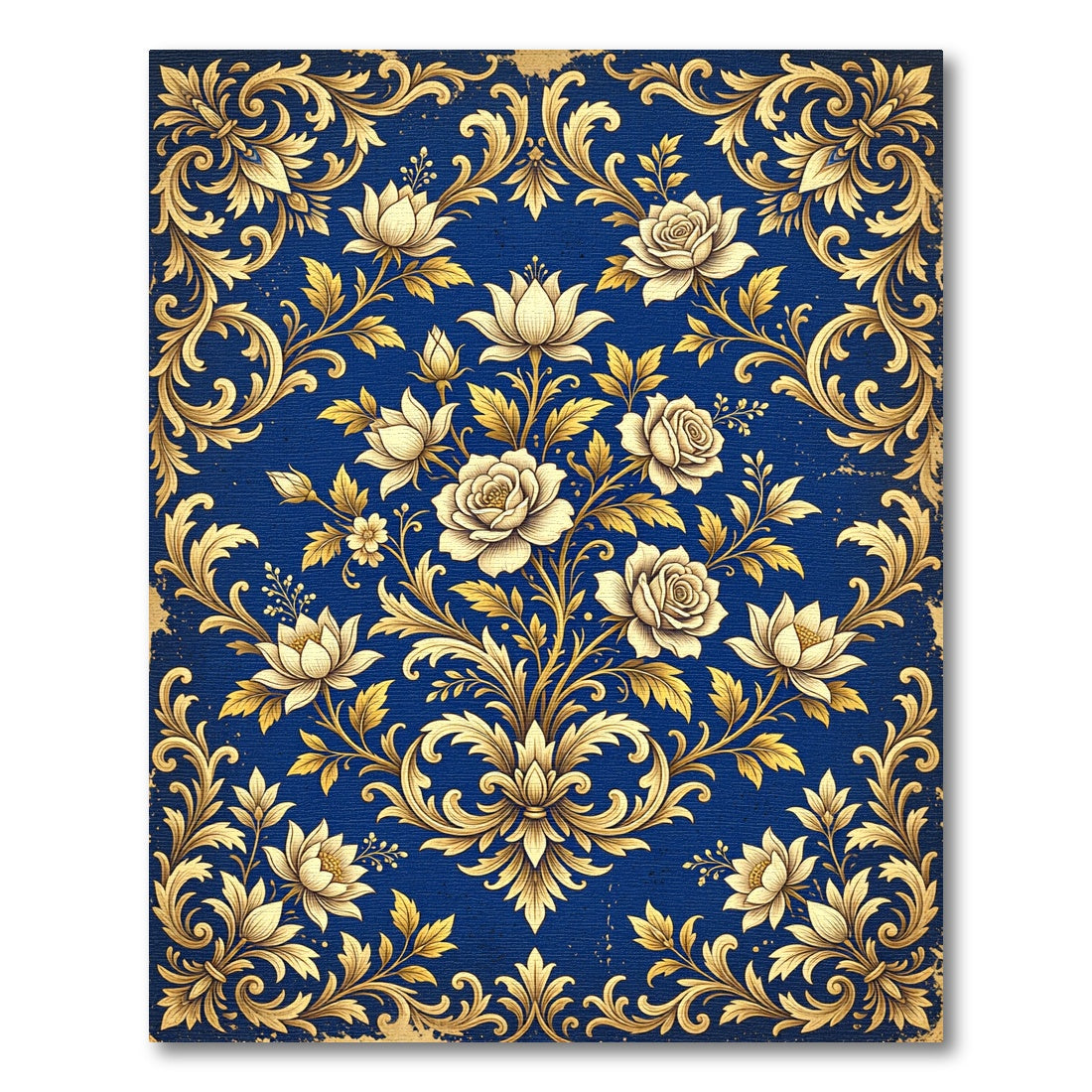 Royal Blue Gold Rose Damask Rug