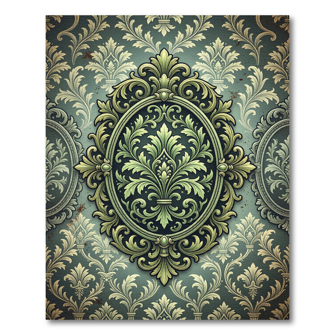 Ornate Sage Damask Scroll Medallion Rug