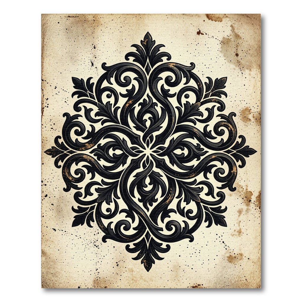 Vintage Black Ornate Baroque Medallion Rug