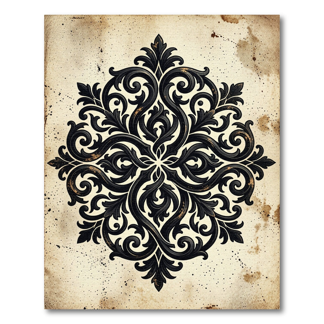 Vintage Black Ornate Baroque Medallion Rug