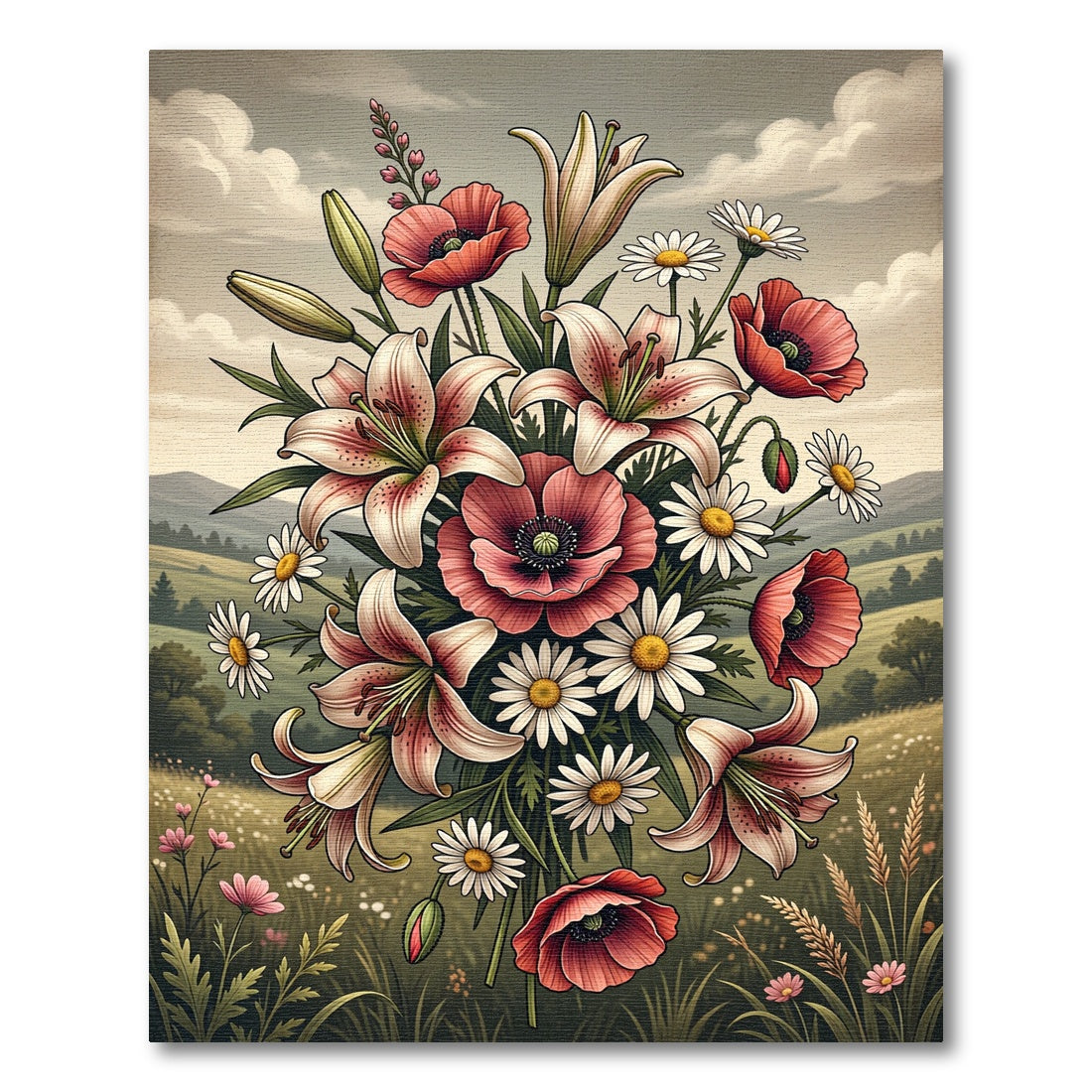 Pink Lily Poppies Daisy Field Meadow Rug
