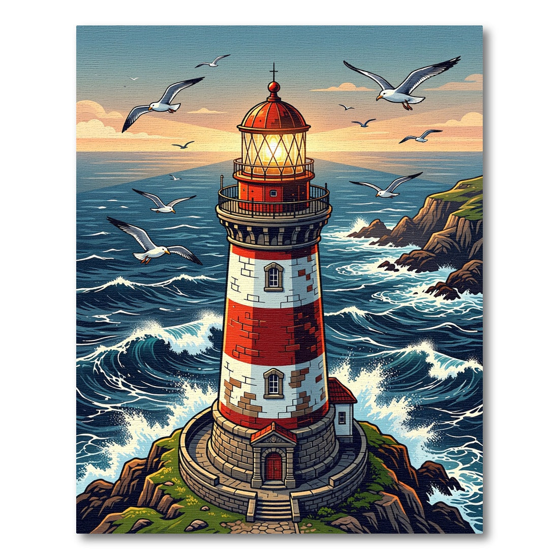 Coastal Lighthouse Seascape Painted Scene Rug