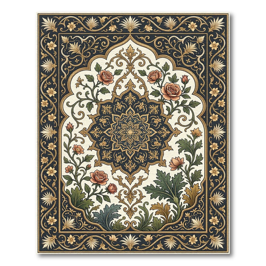 Elegant Navy Rose And Gold Medallion Rug