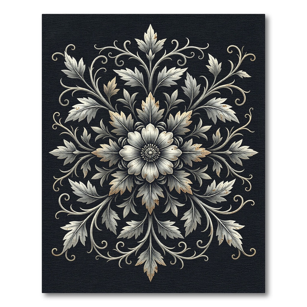 Silver Floral Damask Monochromatic Medallion Rug