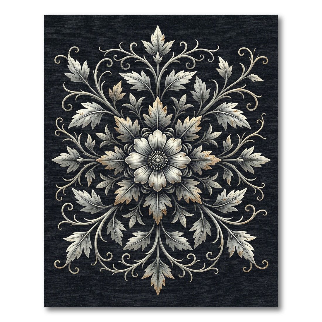 Silver Floral Damask Monochromatic Medallion Rug