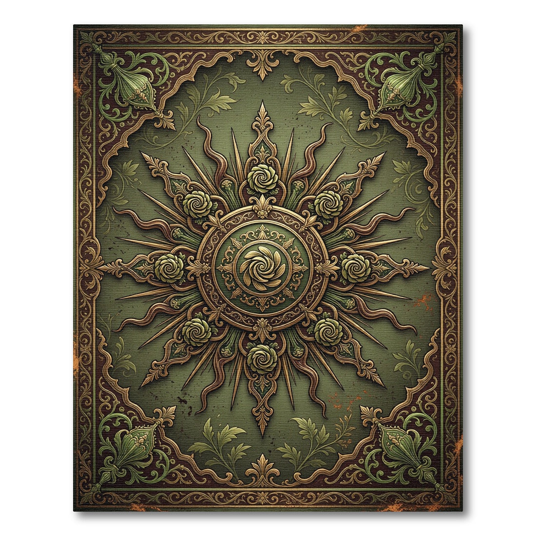 Ornate Sage Green Floral Radiating Medallion Rug