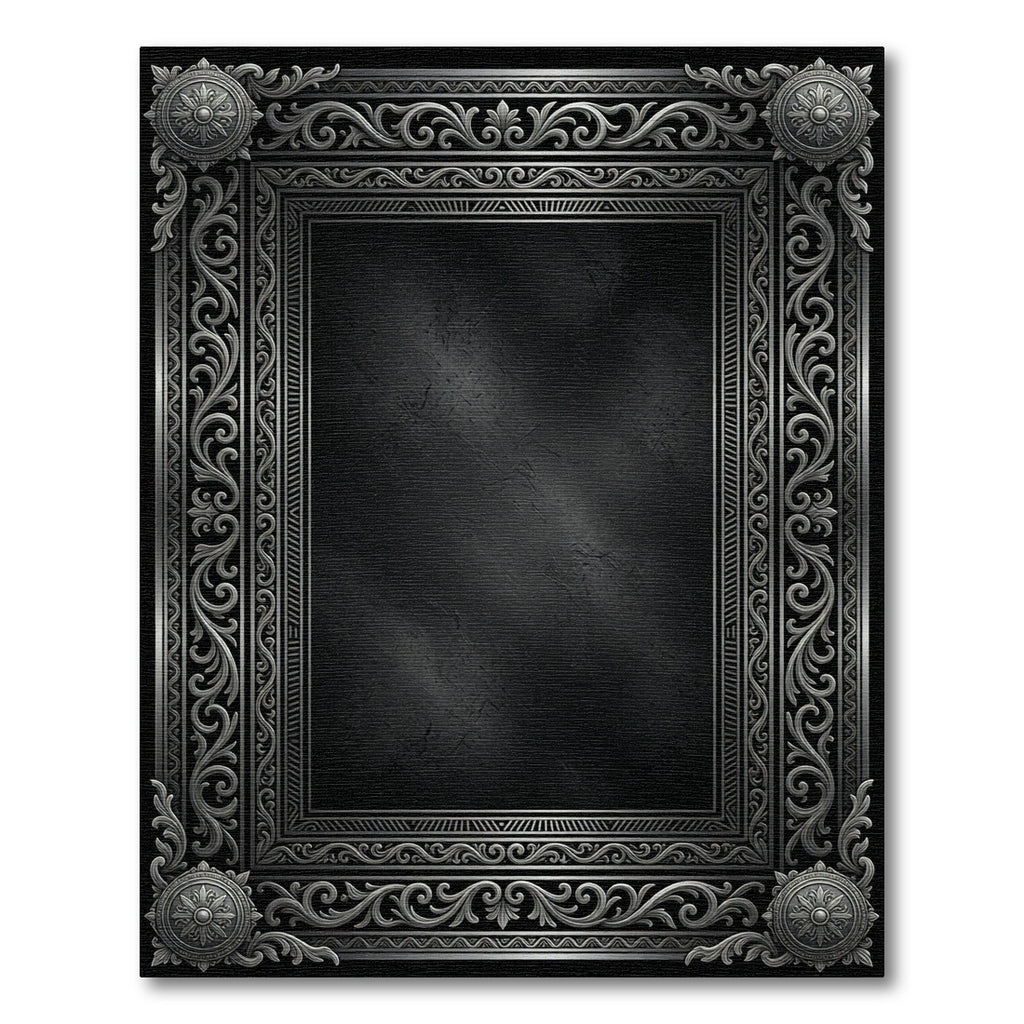 Ornate Gray Scrollwork Medallion Frame Rug