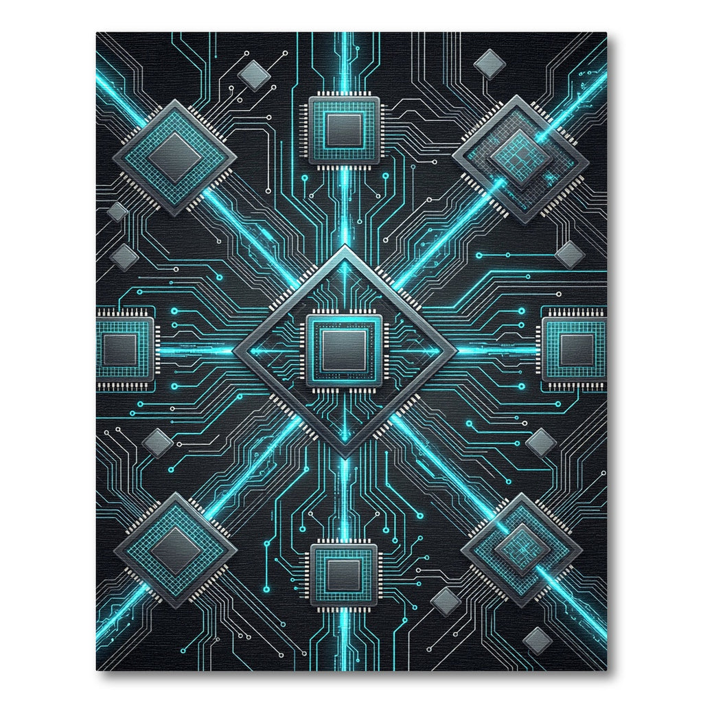 Neon Cybernetic Circuitry Geometric Grid Rug