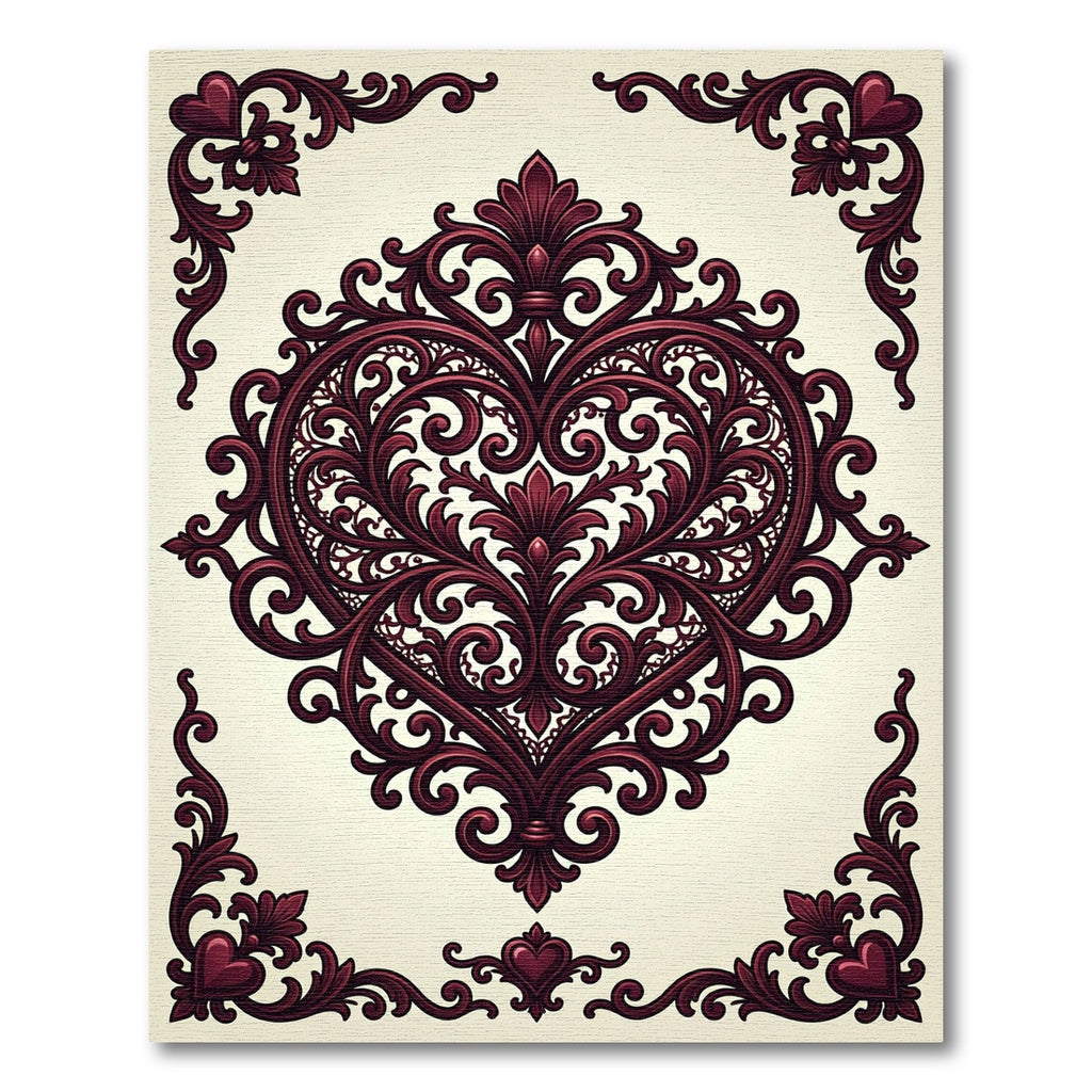 Burgundy Baroque Heart Ornamental Scroll Rug