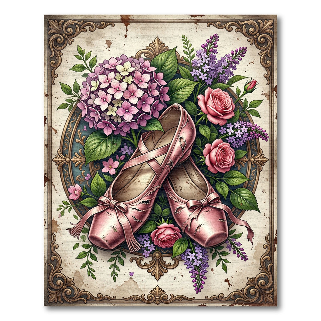 Vintage Pink Ballet Slipper Floral Bouquet Rug