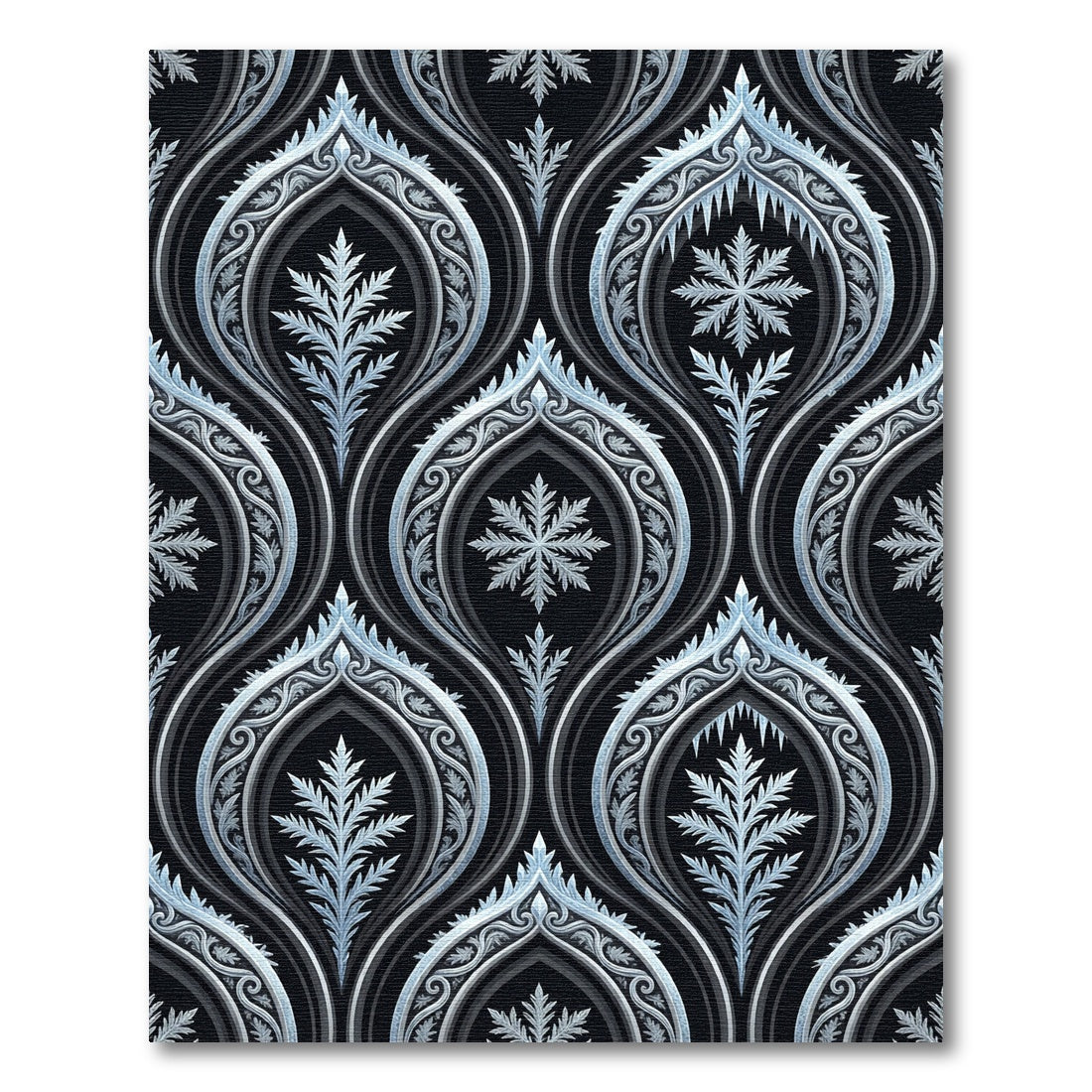 Silver Icy Snowflake Damask Black Wallpaper Rug