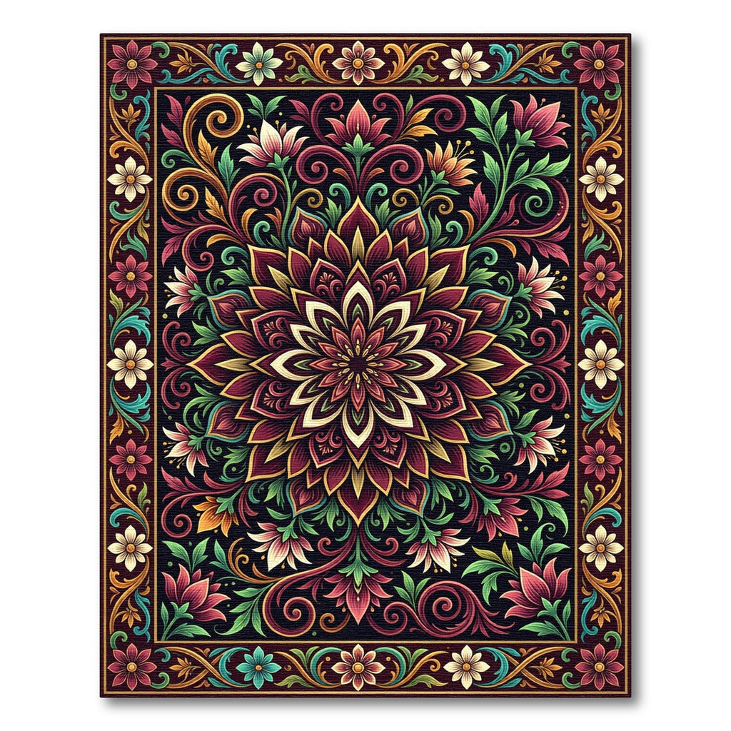 Deep Crimson Floral Mandala Swirls Rug