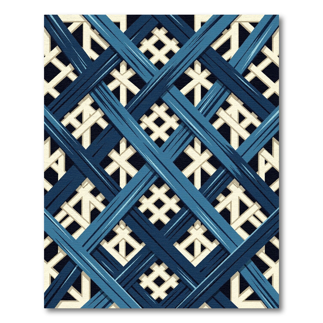 Blue Crossed Lattice Geometric Grid Rug