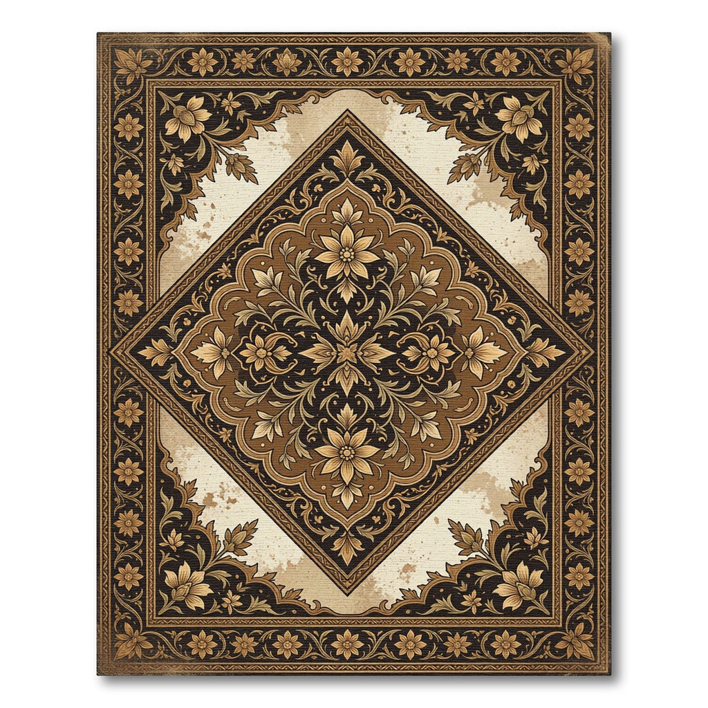 Elegant Golden Floral Diamond Medallion Rug