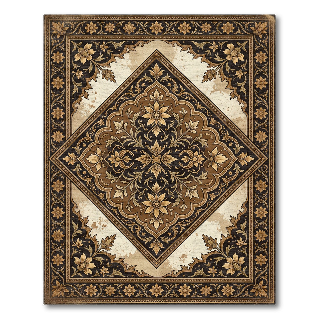 Elegant Golden Floral Diamond Medallion Rug