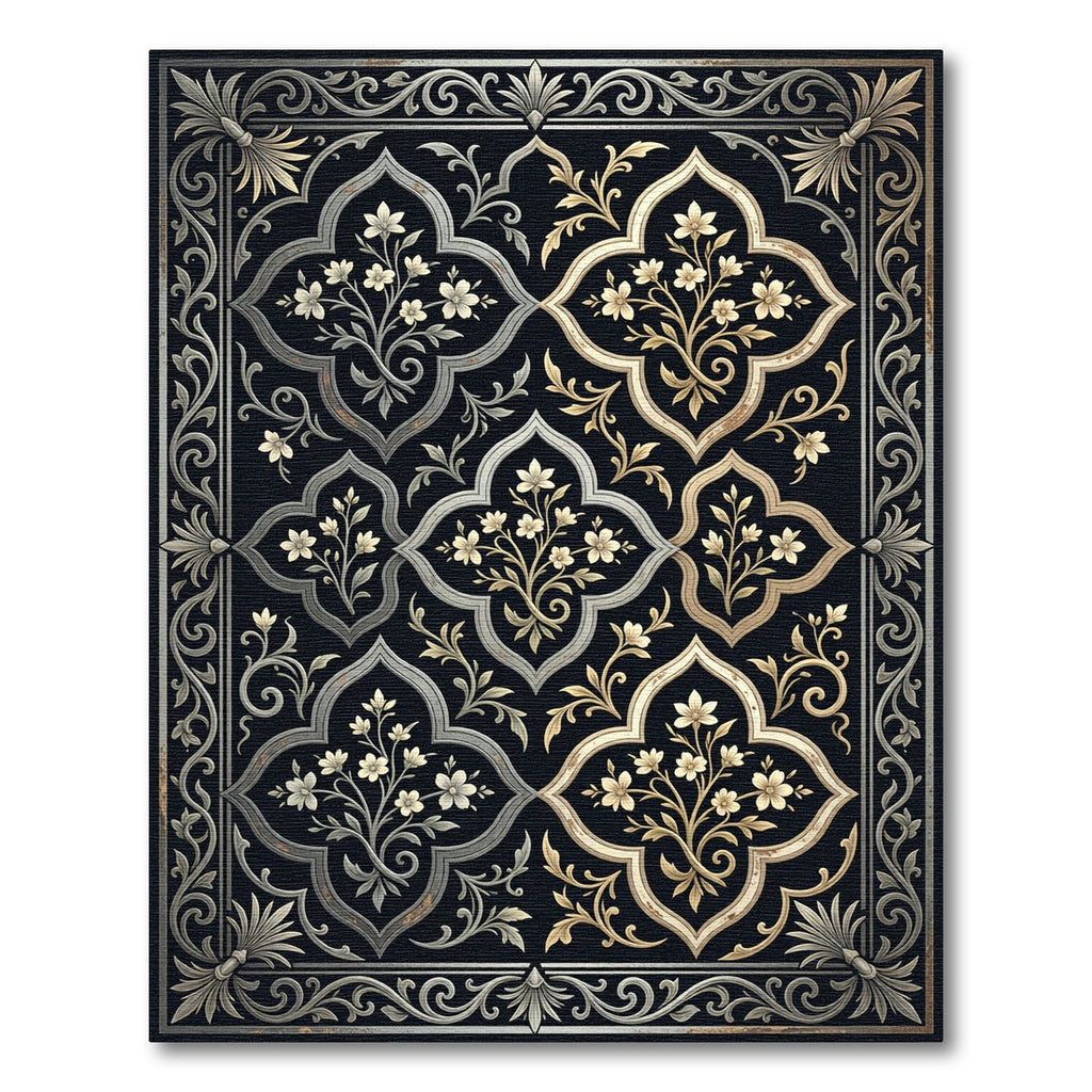 Elegant Silver Gold Floral Quatrefoil Rug