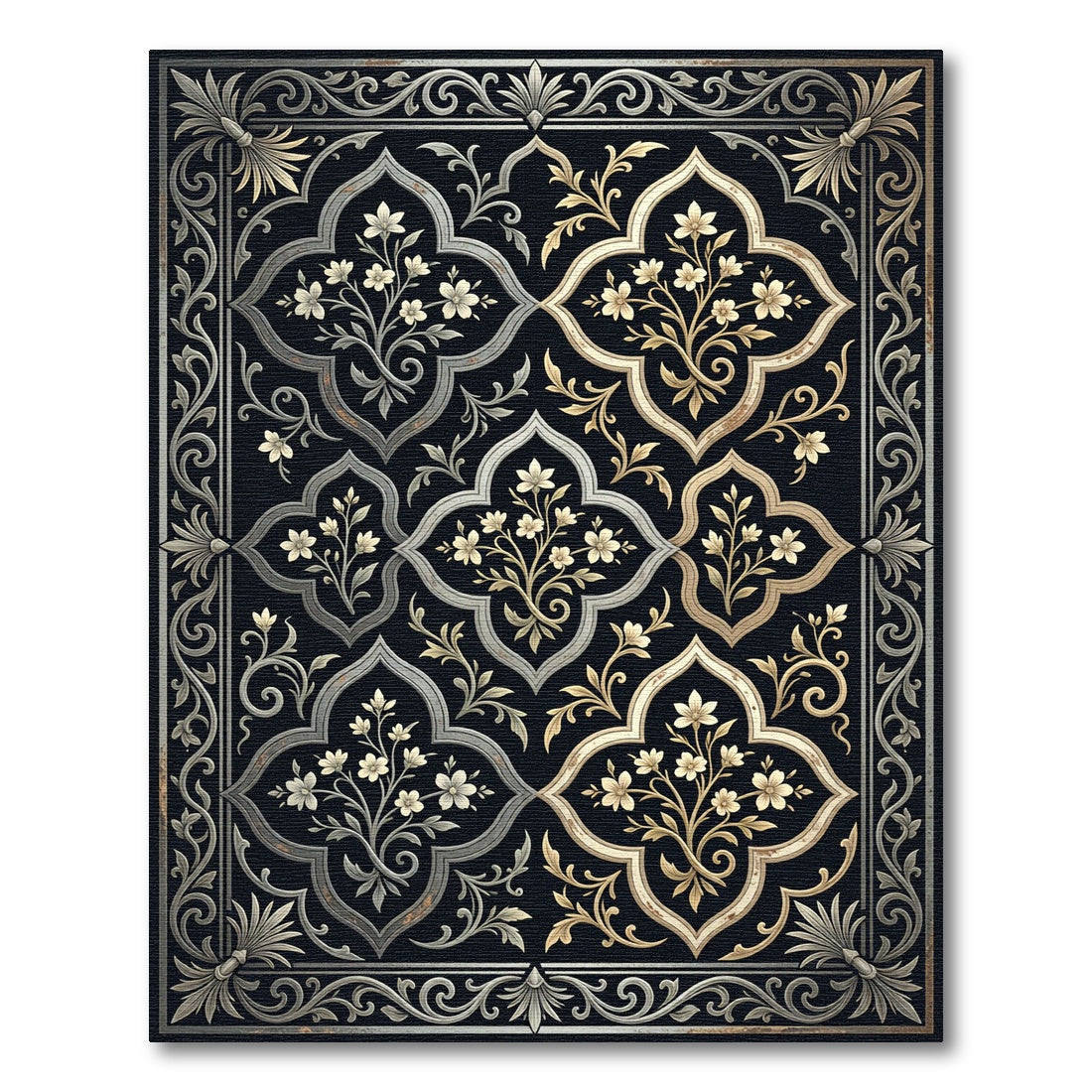 Elegant Silver Gold Floral Quatrefoil Rug
