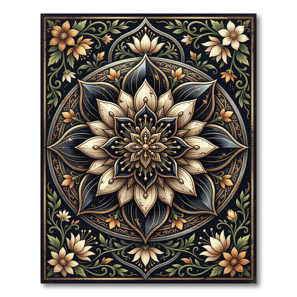 Earthy Black and Gold Floral Mandala Rug