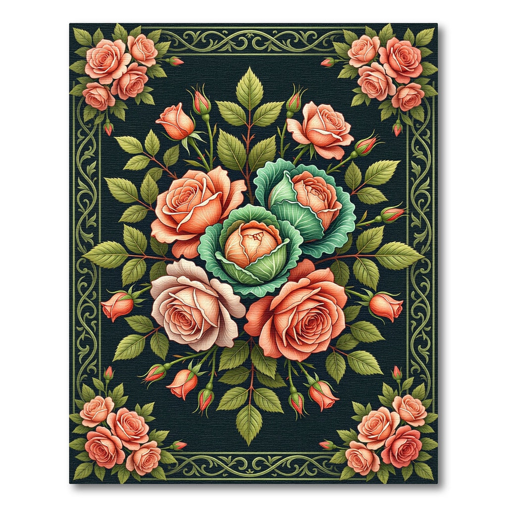 Elegant Peach Rose Cabbage Botanical Art Rug