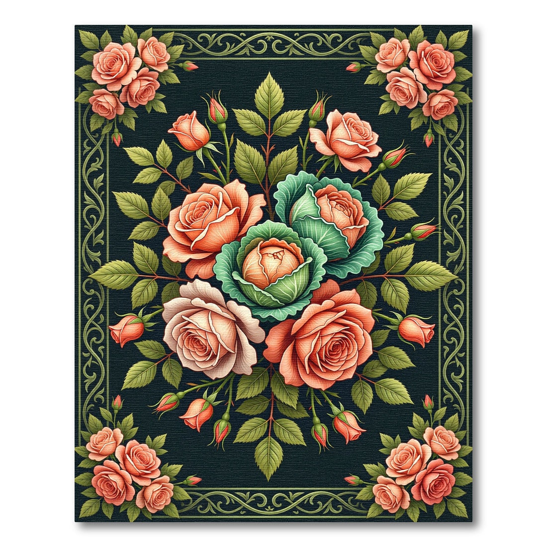 Elegant Peach Rose Cabbage Botanical Art Rug