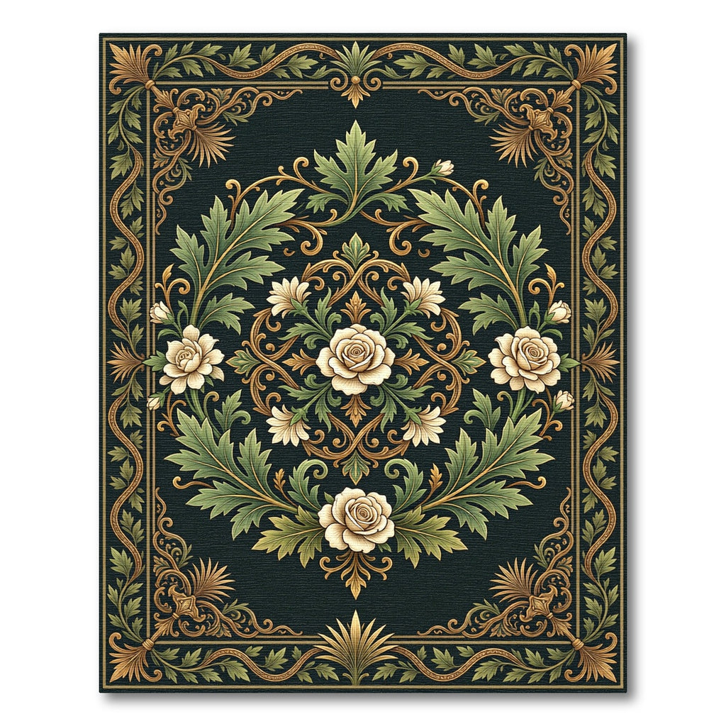 Elegant Cream Rose Floral Medallion Rug