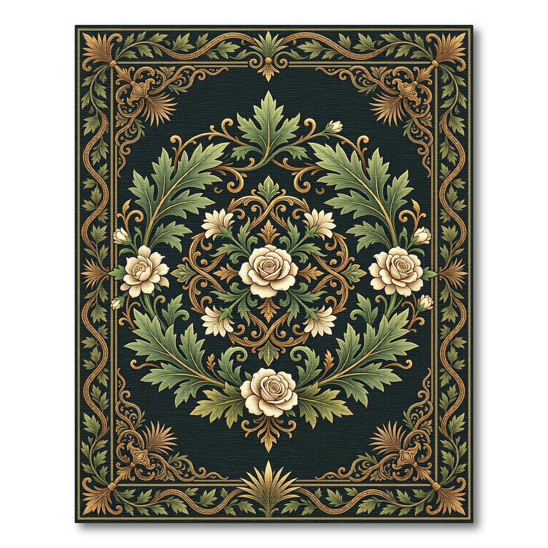 Elegant Cream Rose Floral Medallion Rug