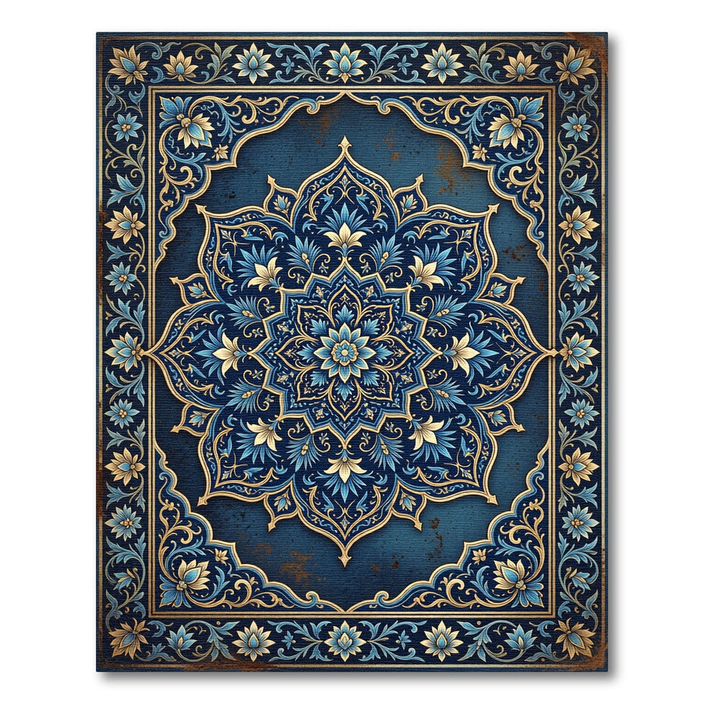 Elegant Blue Floral Gold Medallion Area Rug