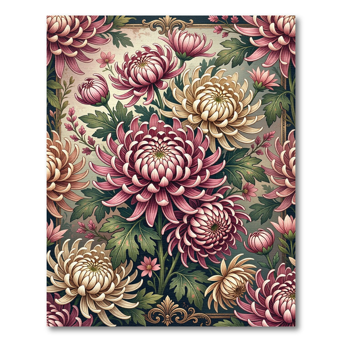 Blush and Cream Chrysanthemum Botanical Art Rug