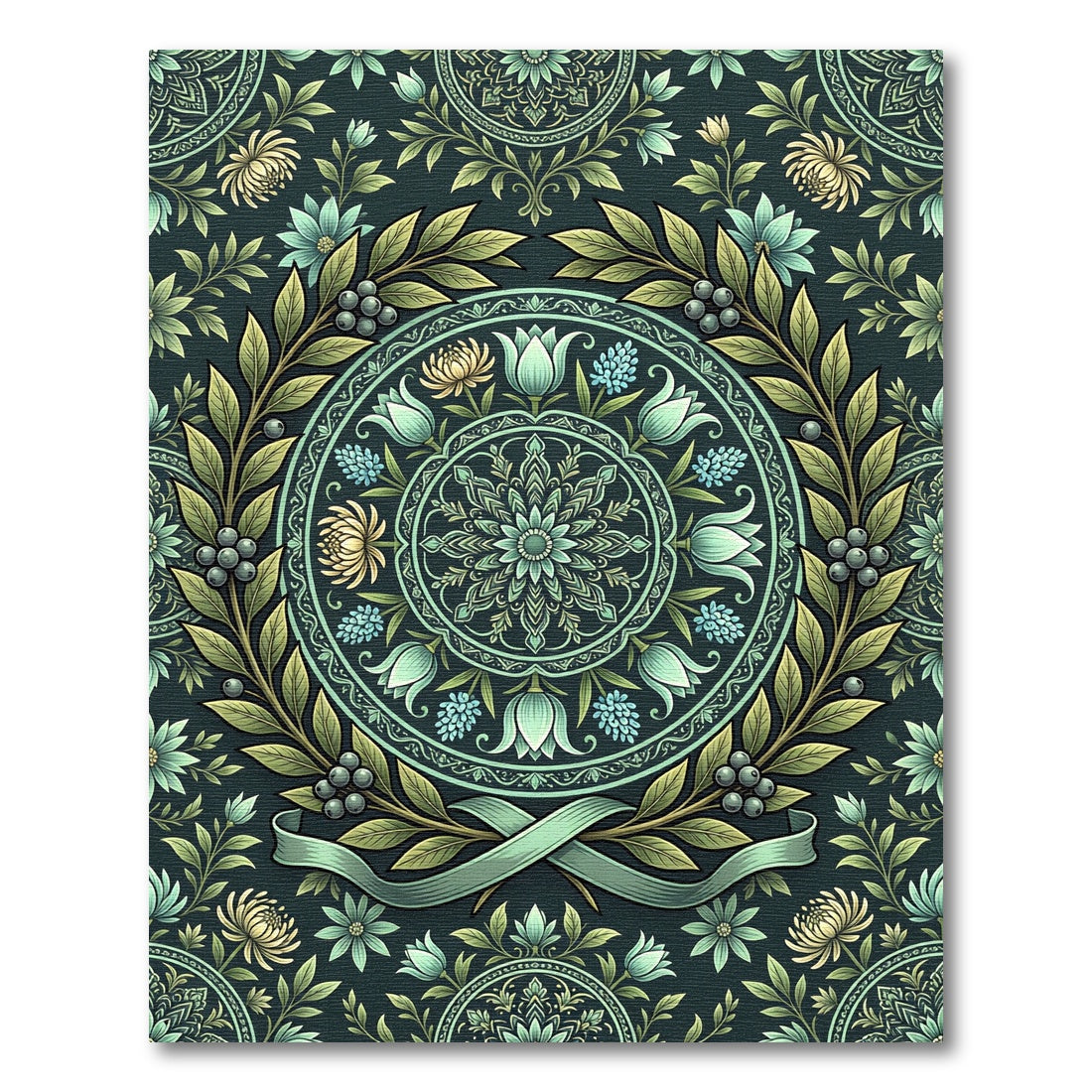 Sage Floral Wreath Medallion Botanical Rug