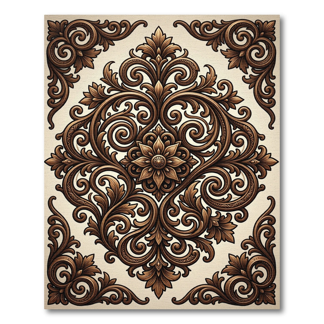 Ornate Brown Floral Scrollwork Rug