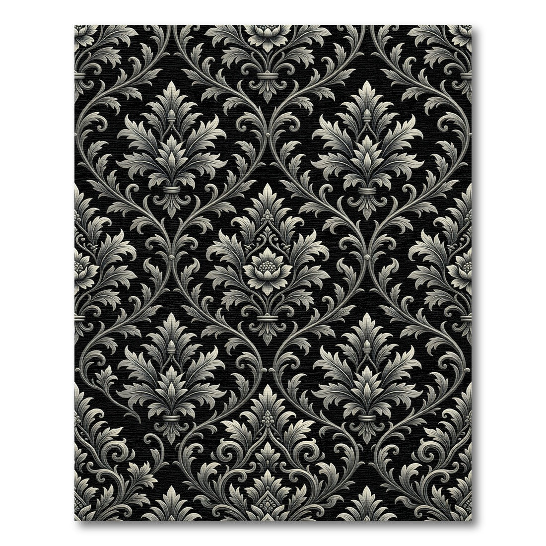 Ornate Black And Gray Damask Scroll Rug