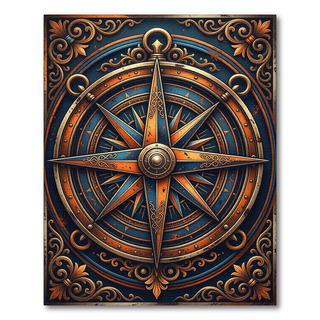 Vintage Copper Blue Compass Medallion Rug