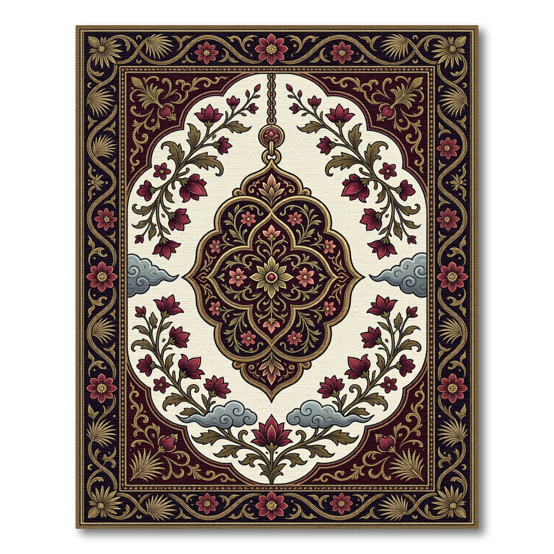 Ornate Burgundy Floral Medallion Cloud Art Rug