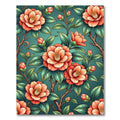 Vintage Peach Camellia Teal Botanical Rug