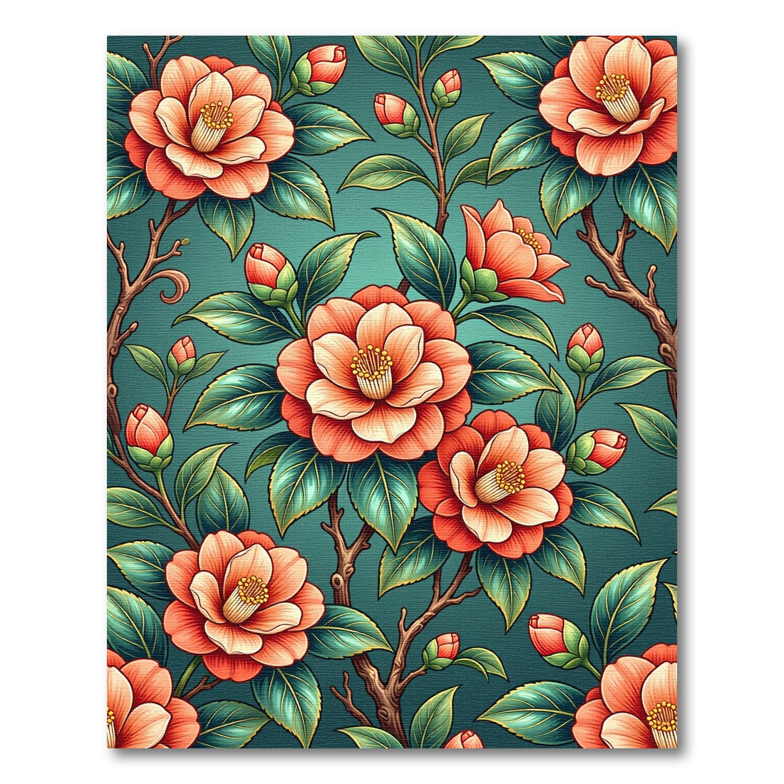 Vintage Peach Camellia Teal Botanical Rug