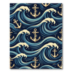 Nautical Navy Blue Anchor Ocean Wave Rug