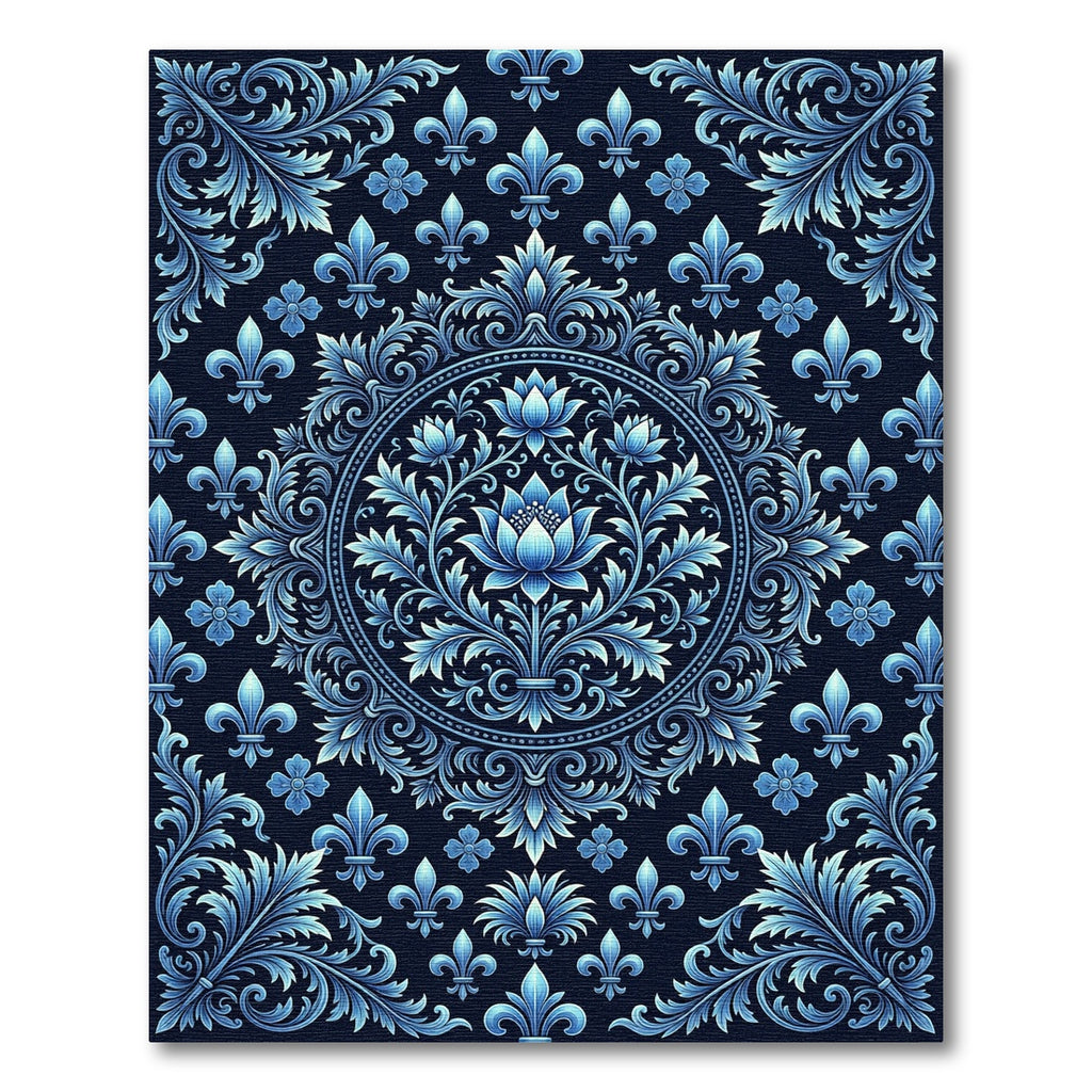 Deep Blue Baroque Fleur-de-lis Medallion Rug