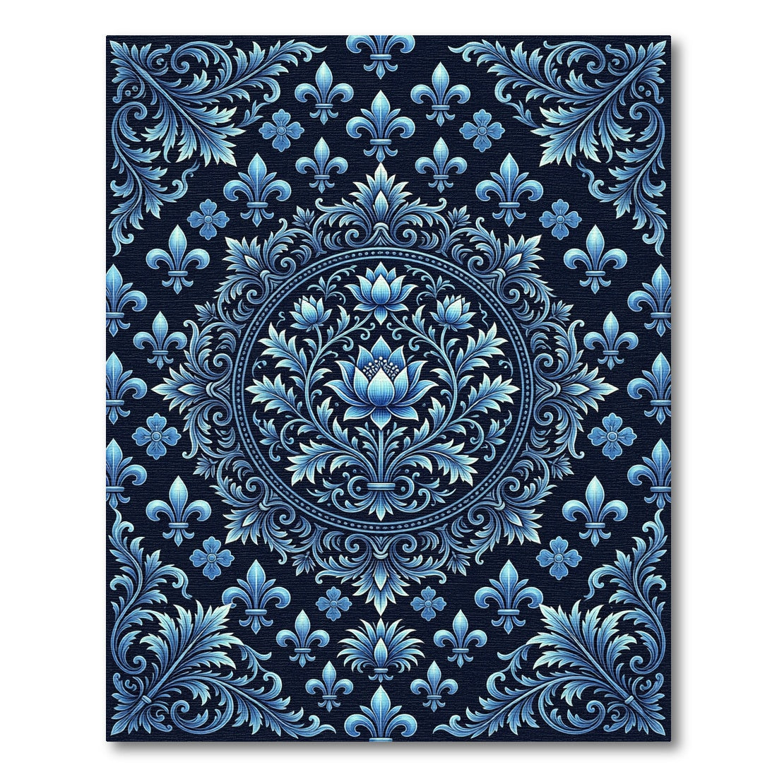 Deep Blue Baroque Fleur-de-lis Medallion Rug