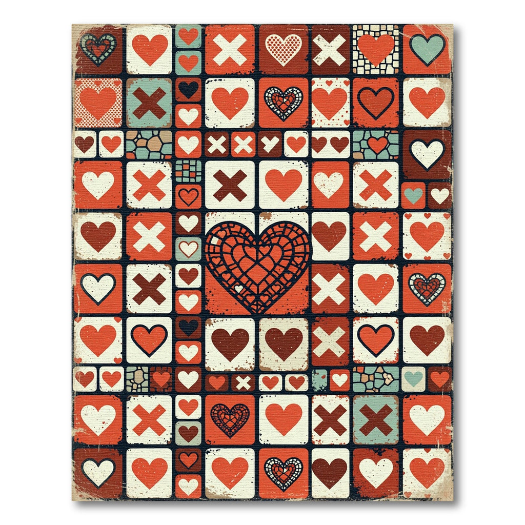 Retro Heart Grid Geometric Mosaic Rug