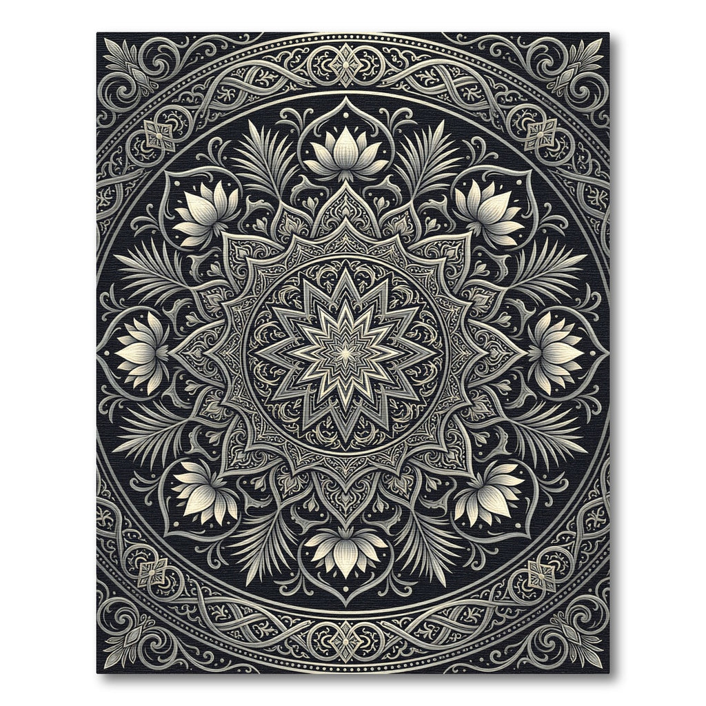 Elaborate Black Lotus Mandala Ornament Rug