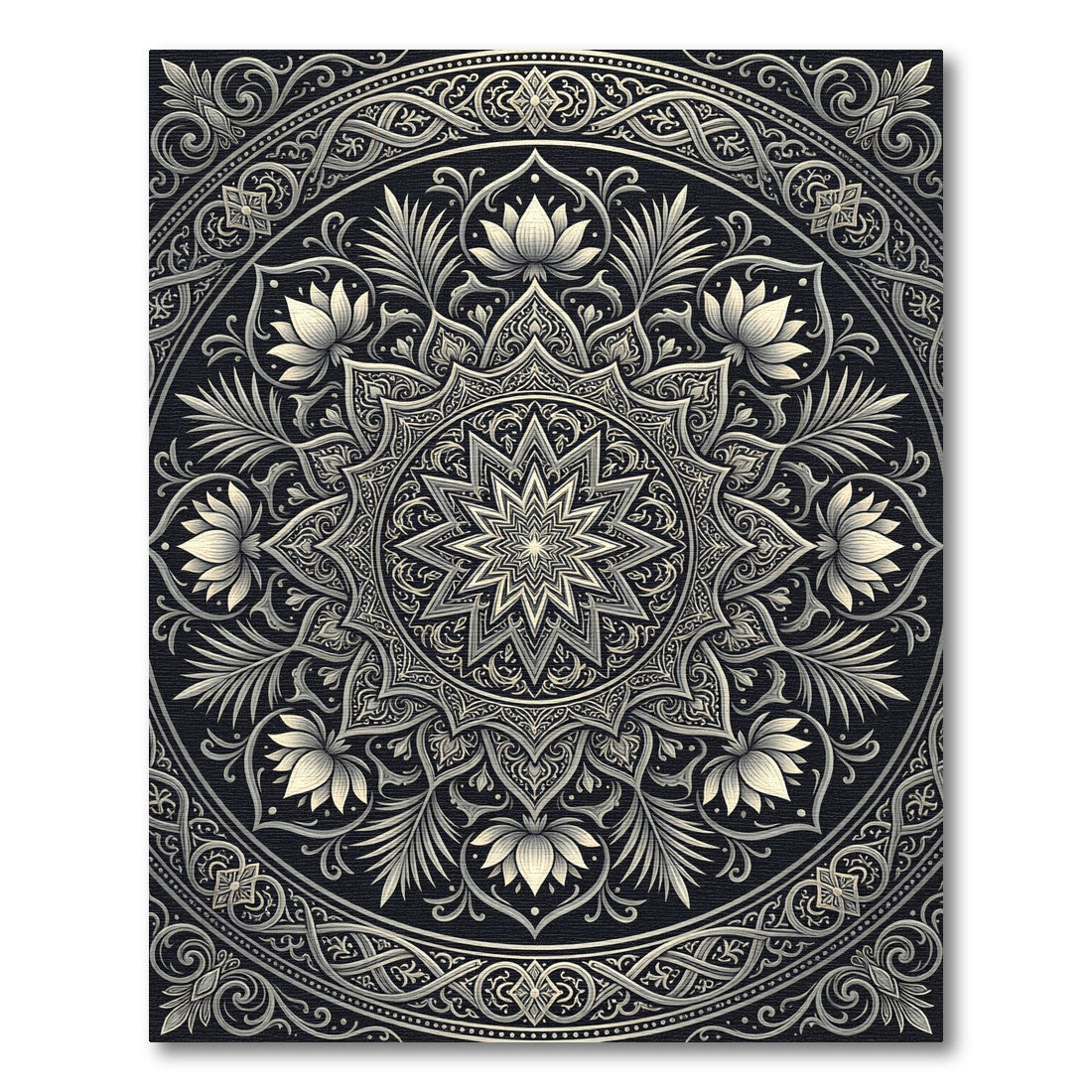 Elaborate Black Lotus Mandala Ornament Rug